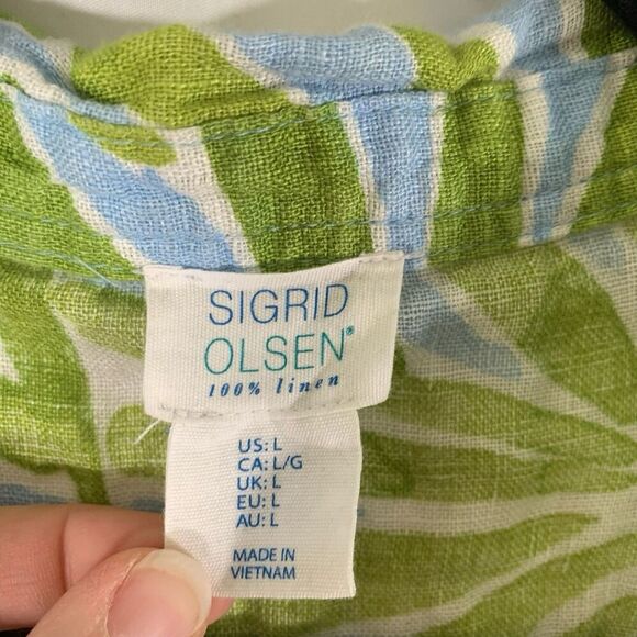 Sigrid Olsen 100% Linen Blouse Women's Large Green Blue Floral Button Up Short S - Picture 2 of 7